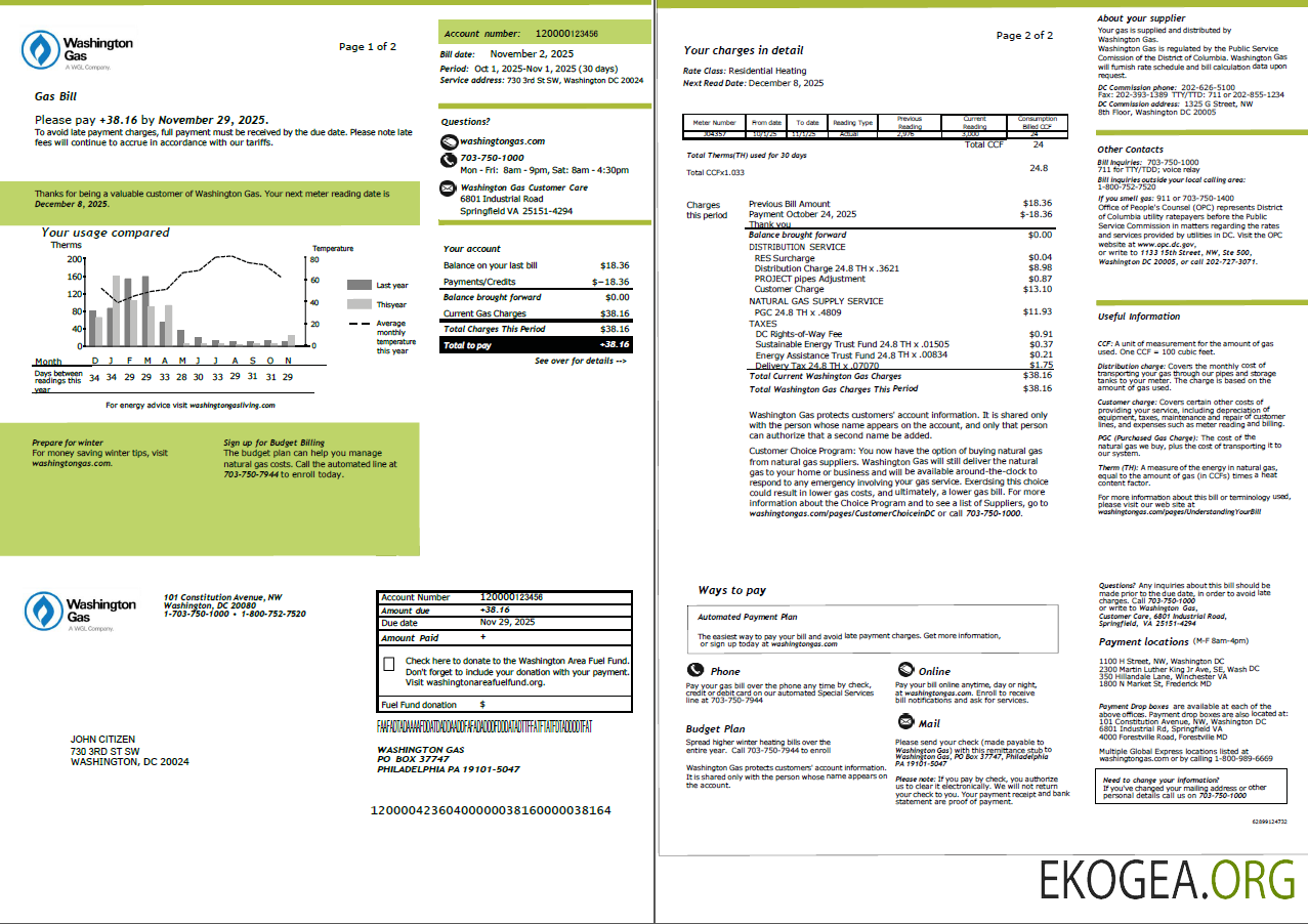 USA Washington Gas utility bill template in Word and PDF formats, 2 pages